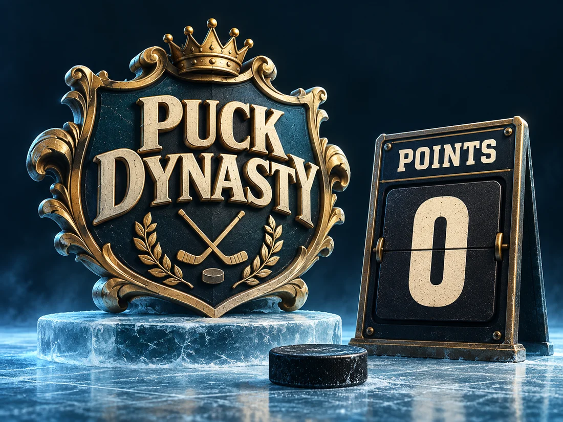 Grand fictional Puck Dynasty crest beside a scoreboard with zero points